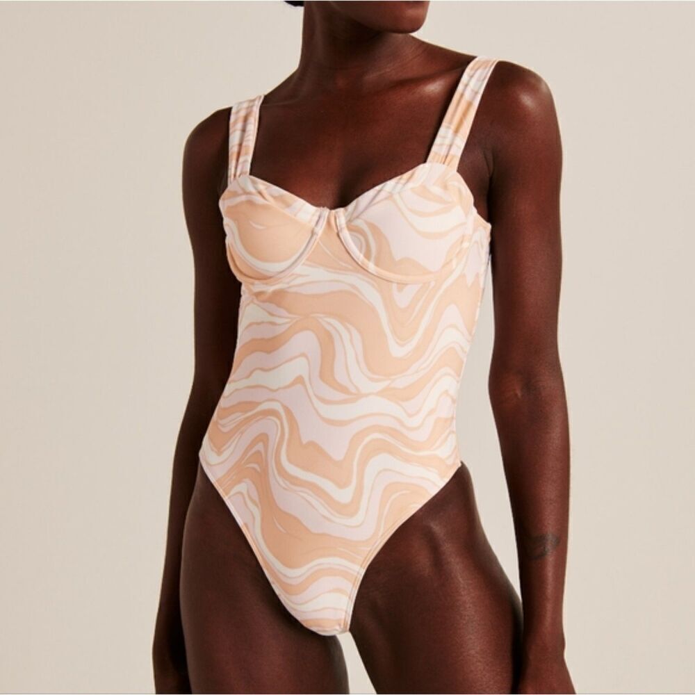 NWT Abercrombie & Fitch Pink Peach Swirl Underwire High Leg1 Piece Swimsuit XL